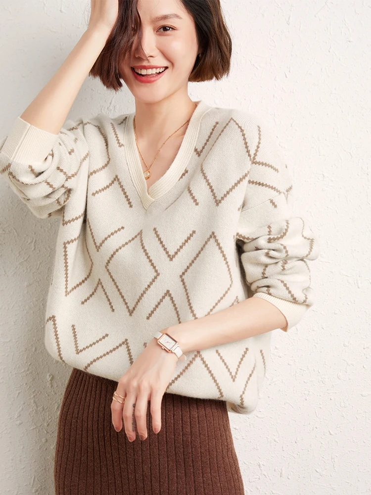 

Women's V-neck 100% Cashmere Pullover Sweater Autumn Winter Argyle Loose Soft High-end Thick Warm Knitted Long Sleeve Tops