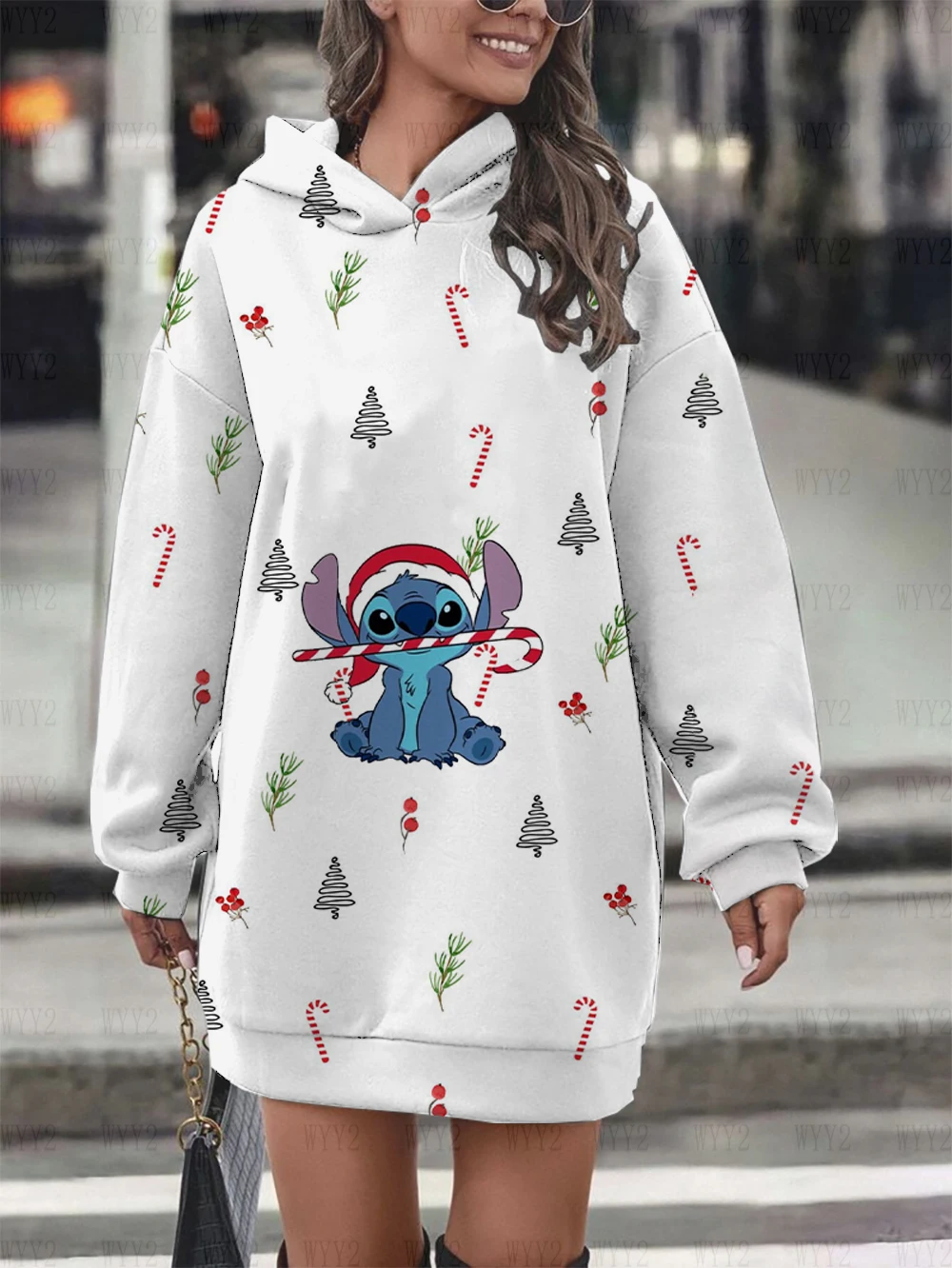 Christmas Disney Stitch print women\'s elegant fashion casual pullover hoodie new autumn and winter sweater dress