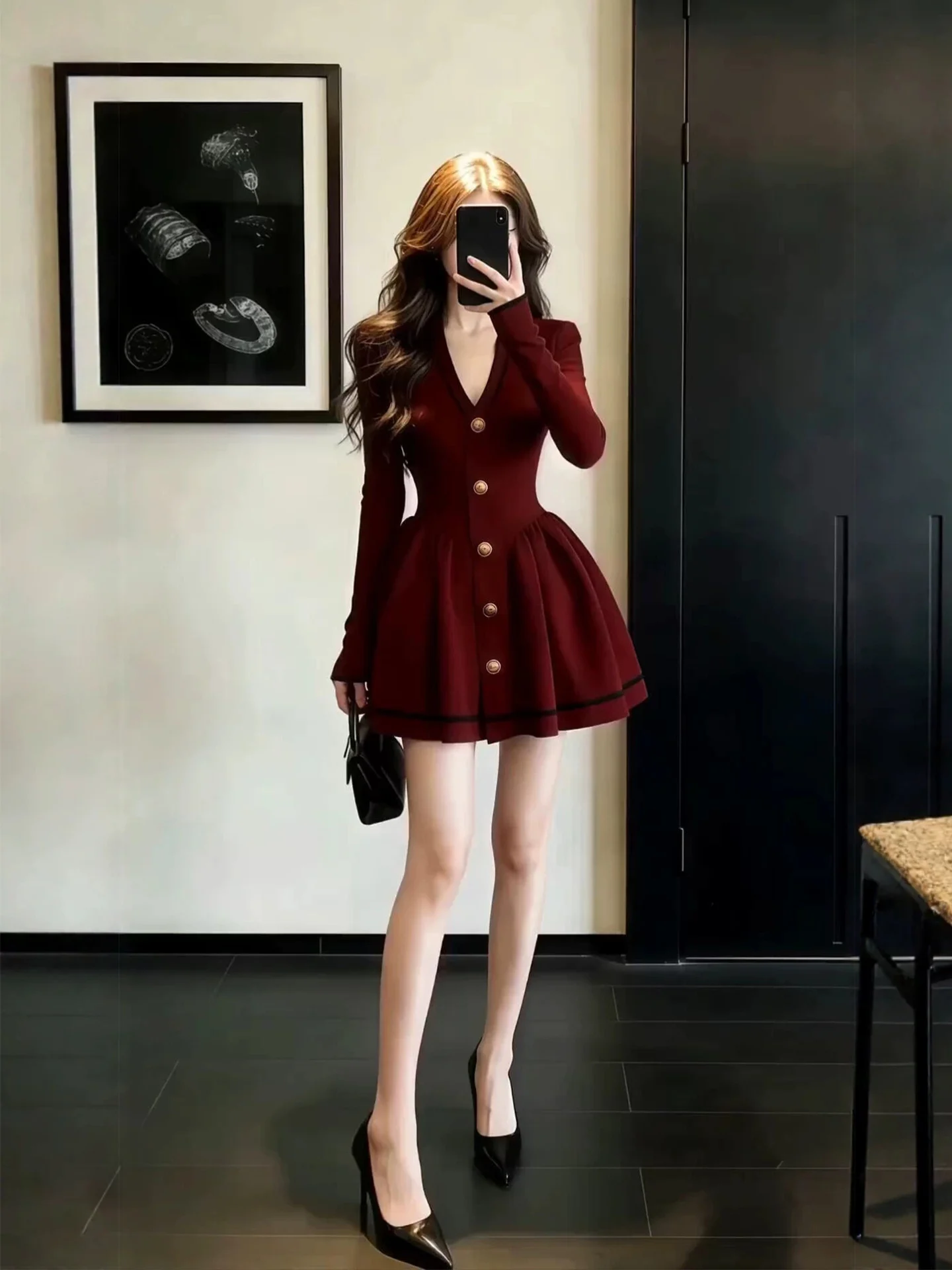 

XZY Красное женское зимнее трикотажное платье с V-образным вырезом и длинным рукавом, больших размеров, приталенное, с высокой талией, А-силуэт, для офиса