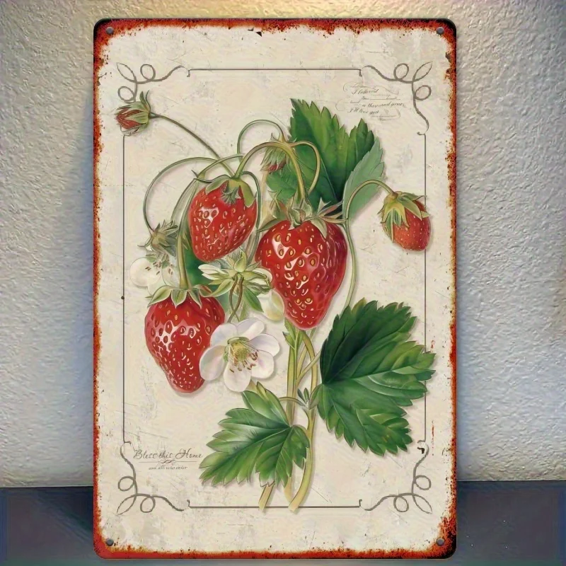 2D Flat, Vintage Strawberry-Themed Metal Wall Sign| 12.0x8.0inch Tin Art Plaque| Multi-Use Decor for Bar, Cafe& Kitchen| Rustic