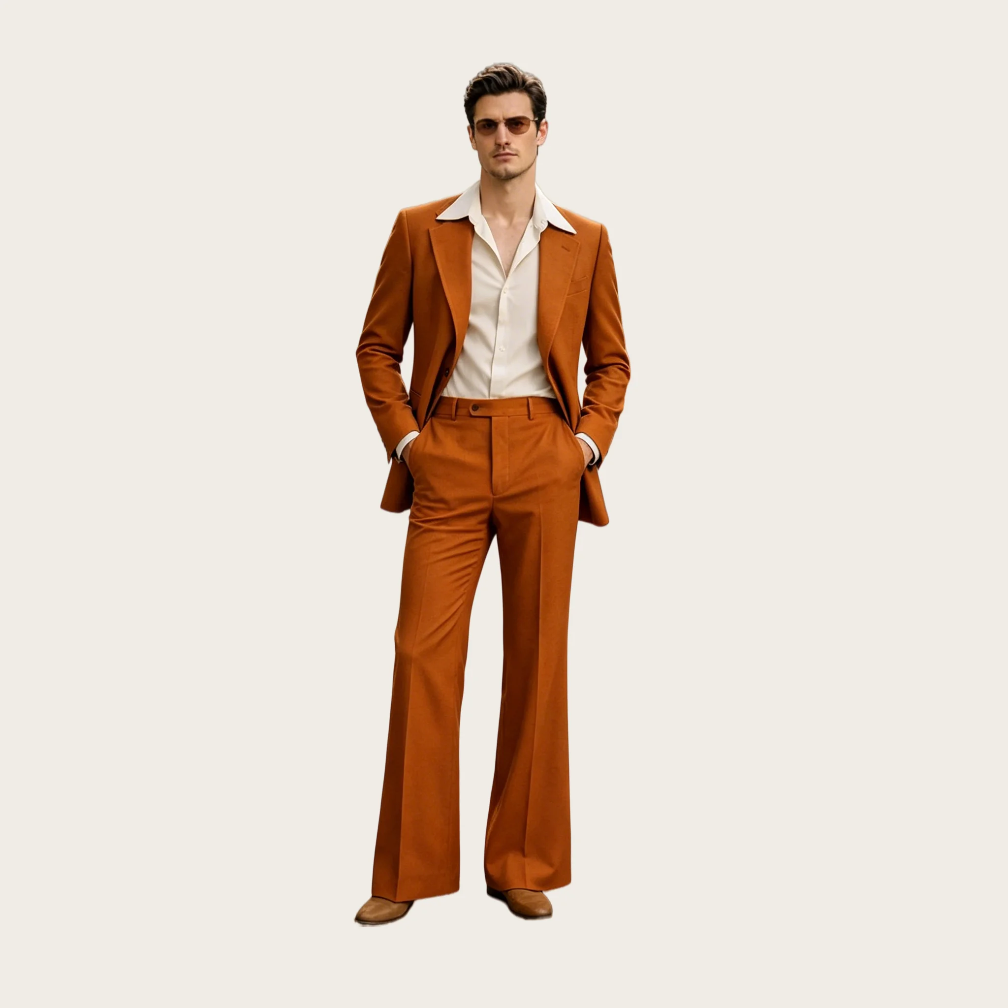 

Retro 2Pcs Men's Suits Casual Set with Notched Lapel Single Breasted Caramel Prom Slim Fit Blazer Flare Pants for Wedding Party