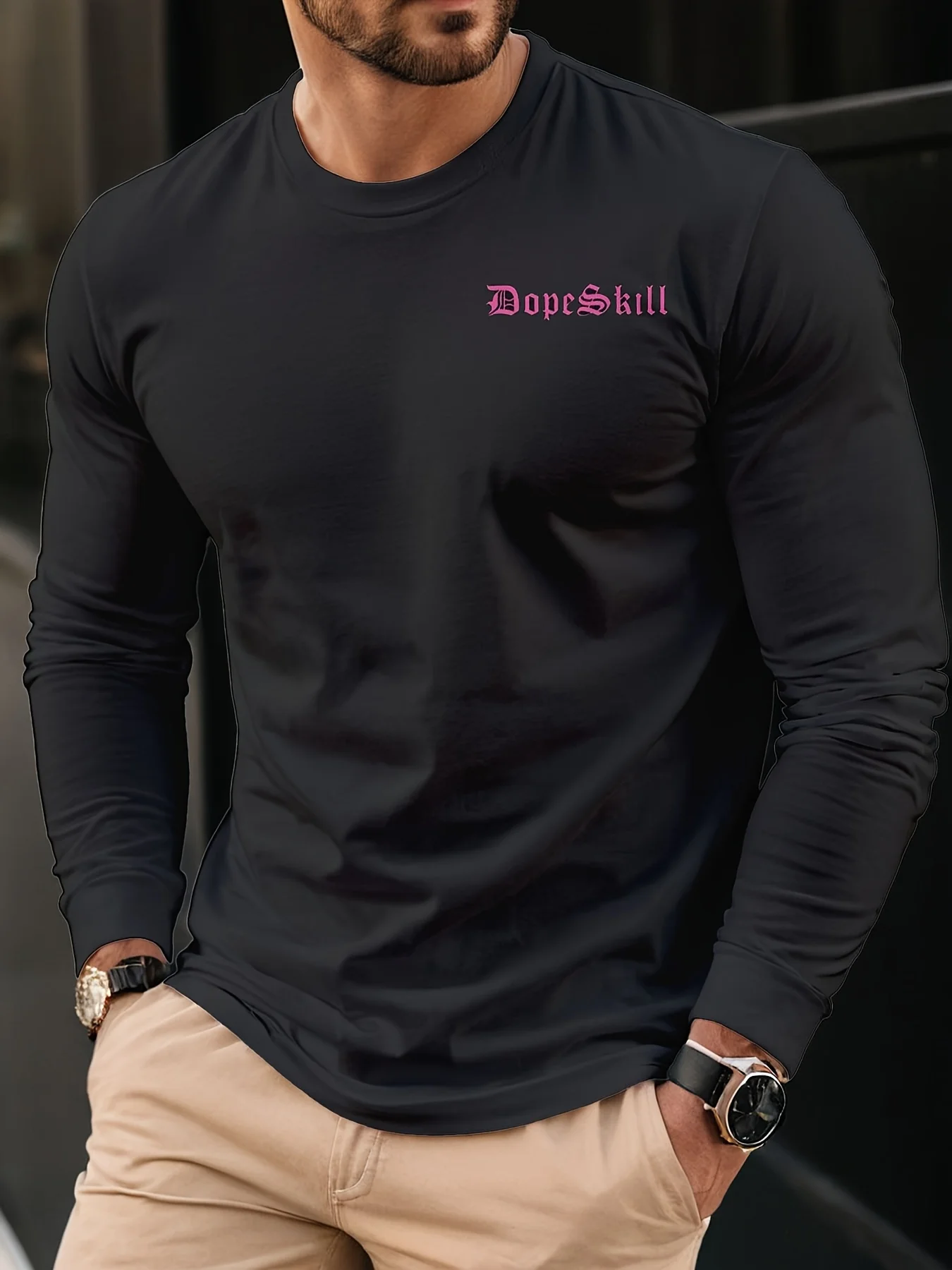 T-shirt da uomo a maniche lunghe stampata con motivo a dollari divertente, girocollo alla moda, comoda e traspirante per i viaggi quotidiani