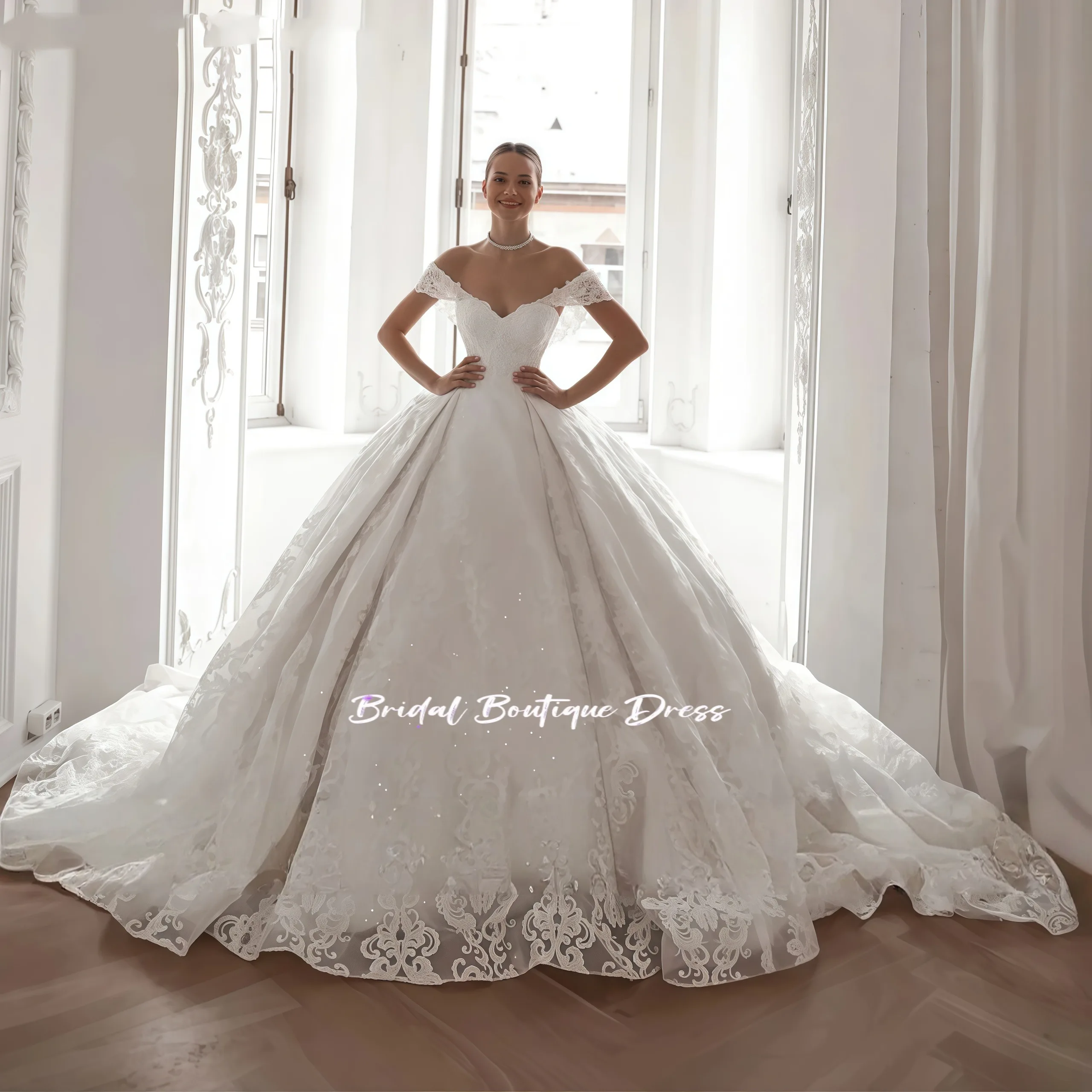 Abiti da sposa squisiti personalizzati con applicazioni in pizzo e spalle scoperte Abiti da sposa con paillettes con strascico da cattedrale