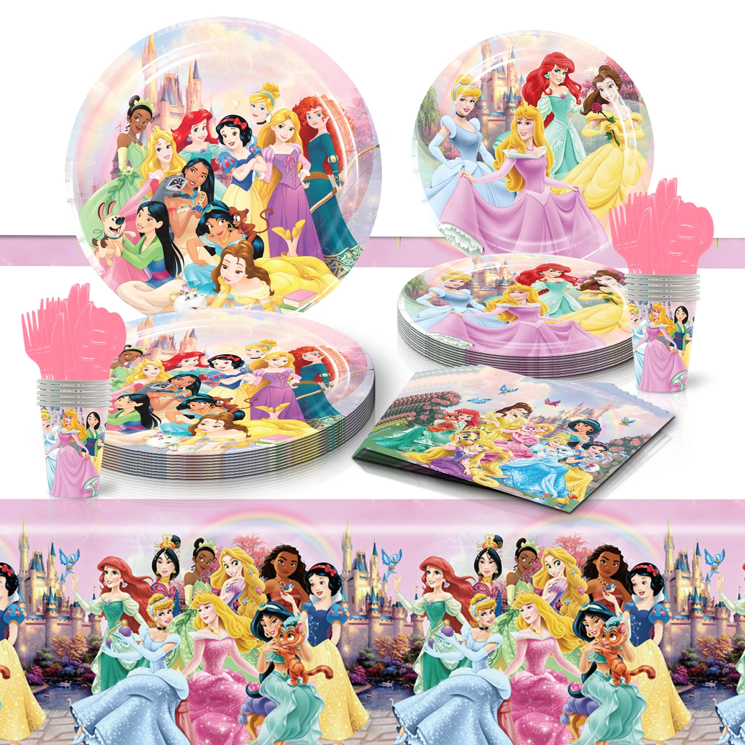 

Disney Princess Birthday Party Decoration Disposable Tableware Set Balloon Tableware Cup Plate Backdrop Cake Topper Supplies