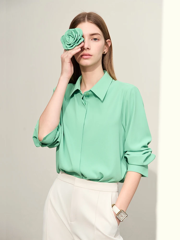 Amii-camisa de gasa minimalista para mujer, camisas rectas de lino desordenado con solapa, color liso, Primavera, 2024, novedad de 12441199