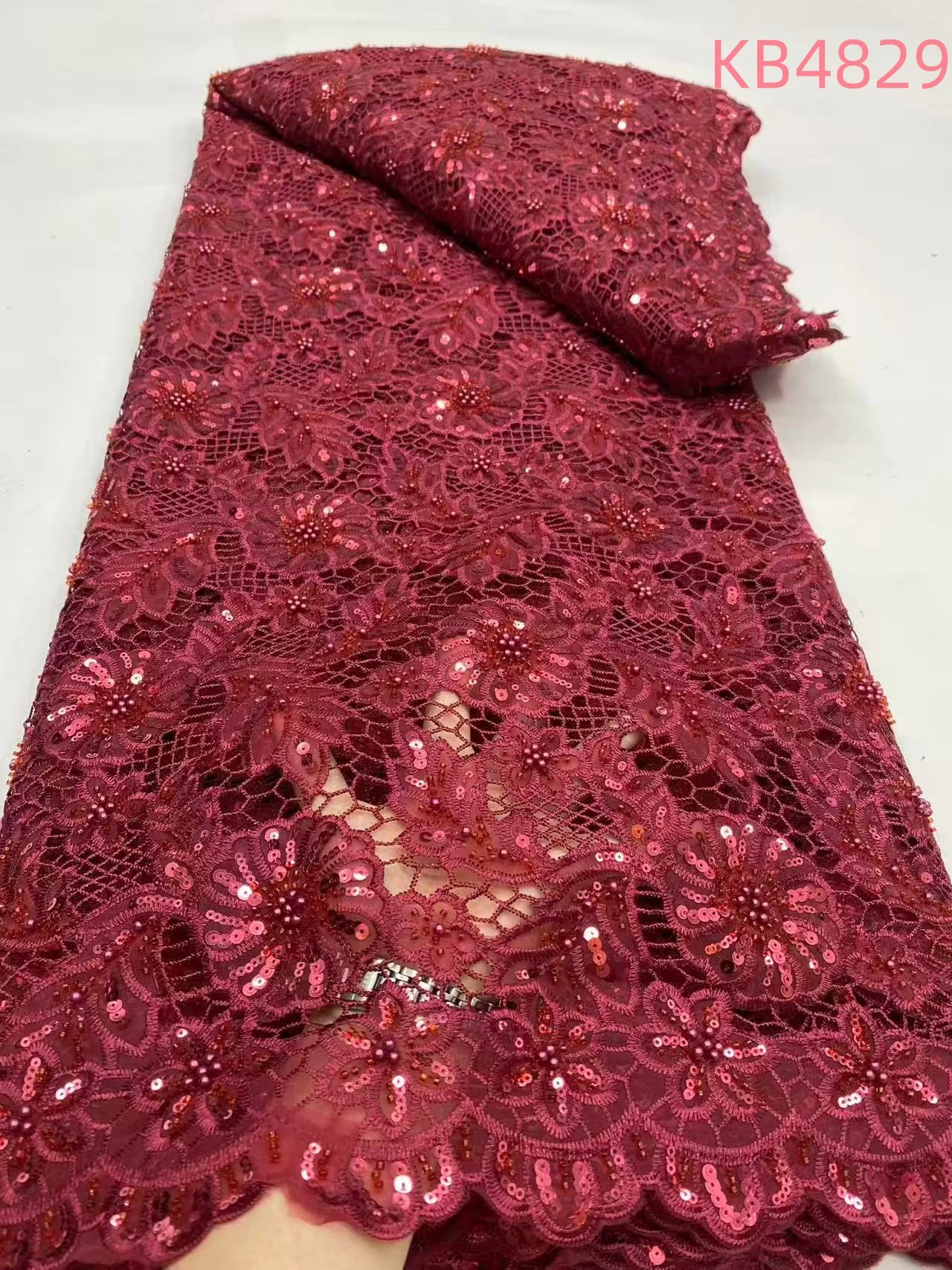 

Red Beaded Cord Guipure Lace Fabrics African Wedding Party Dresses Blue Sequins Tulle Lace Fabrics Embroidery For Sewing KB4829