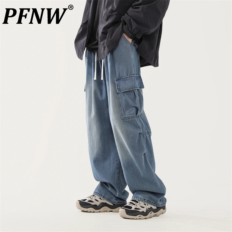 

PFNW Summer Men's Wear Loose Denim Panst Big Pockets Lace-up Overalls New Fashion Trend 2024 Male Casual Jeans Couple 28W3348