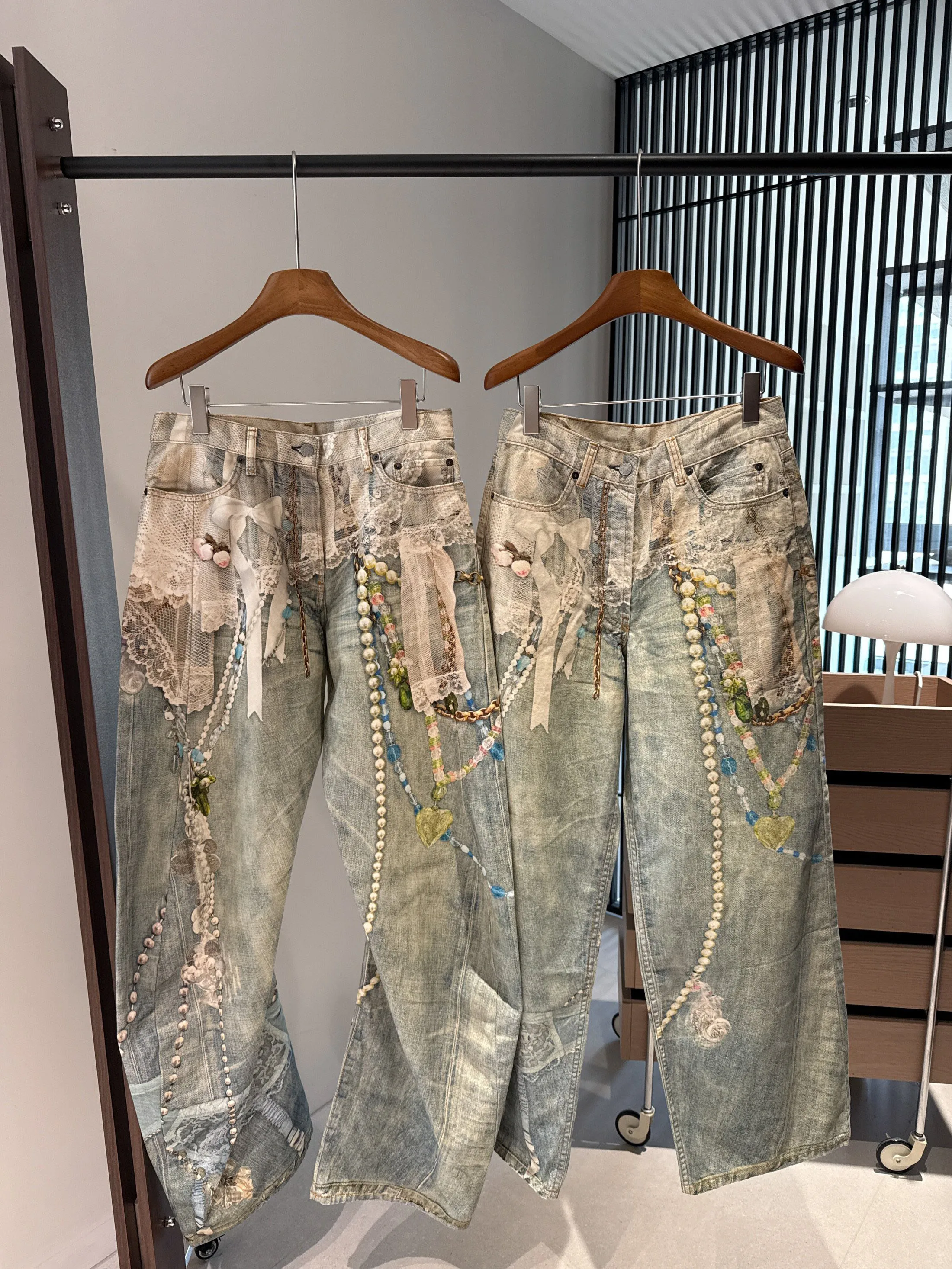 

Retro Print Wide Leg Denim Jeans Women's Chain Pearl Decor High Street Sle Faded Long Trousers Comfortable Casual High Waist