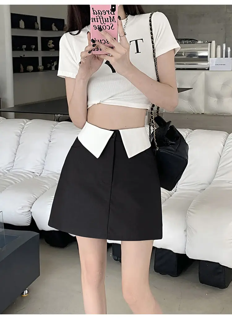 Suit Skirts Flange Patchwork High Waist Pockets 2024 Summer New Women Chic Office Lady Mini Wrapped Hip Half Skirt Charming Sexy