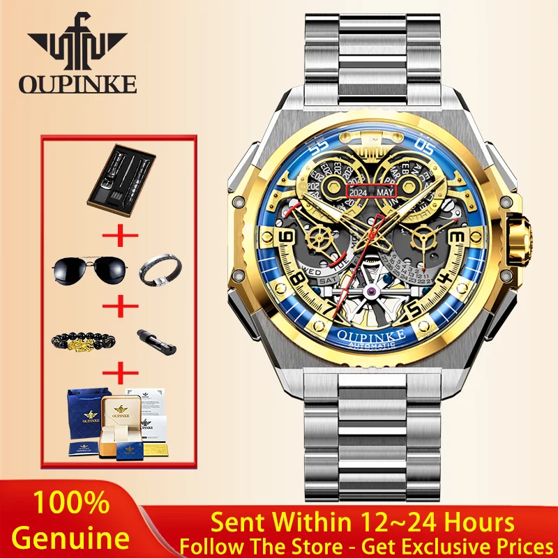 OUPINKE Luxury Hollow Men Automatic Mechanical Watch High Italian Designer Collaboration Design Date Timing Code Men Watch 3266
