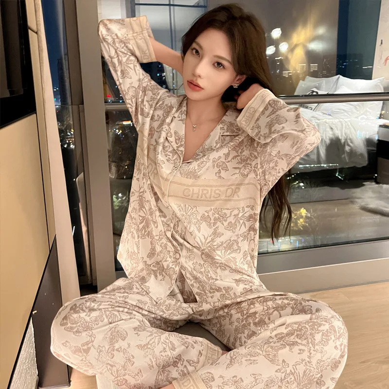 Ice Silk Luxury Style Pajamas Women\'s Advanced Pajamas Spring And Summer Elegant Long Sleeve High Quality Ice Silk Pyjams Sets