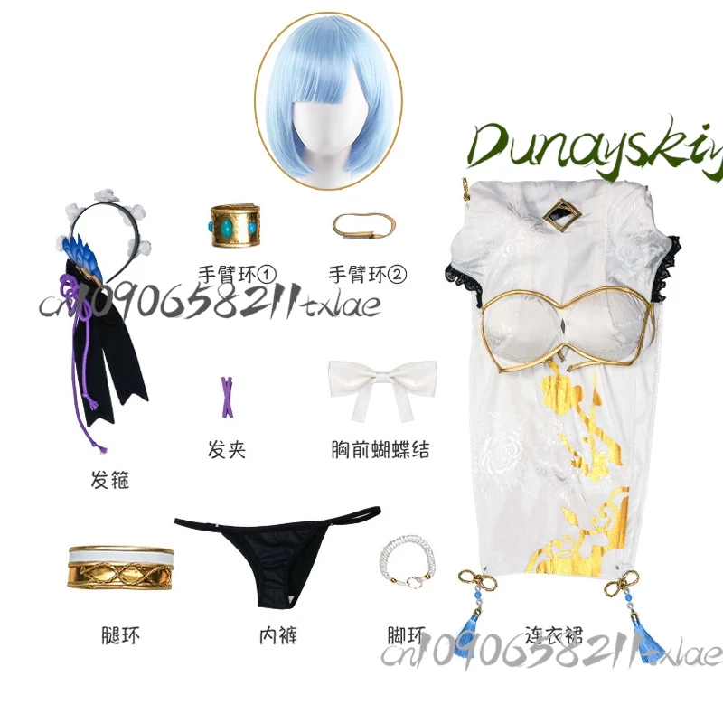 مجموعة كاملة من أزياء Zero Rem التنكرية - فستان تشيباو الأنيق مع شعر مستعار لزي الرسوم المتحركة الصيفي للتخرج في الهالوين