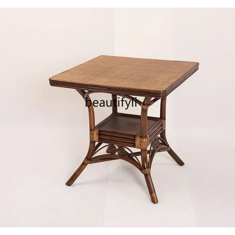 Rattan Woven Square Dining Tables and Chairs Set Modern Household Dark Natural Real Rattan Furniture kitchen table