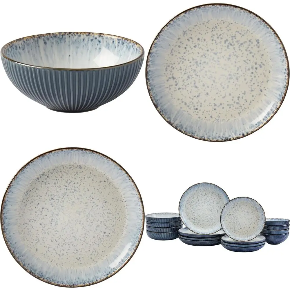 Juego de Vajilla de Gres de 16 Piezas: Platos y Tazones para Cena, Ensalada, Aperitivos y Postre en Color Azul Ahumado