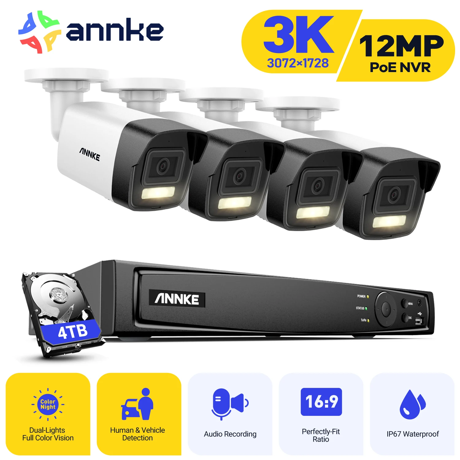 ANNKE 3K 8Channel PoE Security System with 8Cameras Color Night Vision Motion Detection Video Surveillance Cameras Remote Access