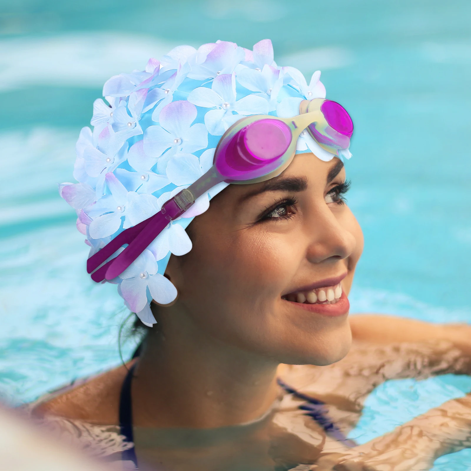 

2 pcs 3D Flower Swimming Non-Slip Bathing Hat For Women Swim Cap Large Stretchable Adult Nylon Cap Floral Swimsuit