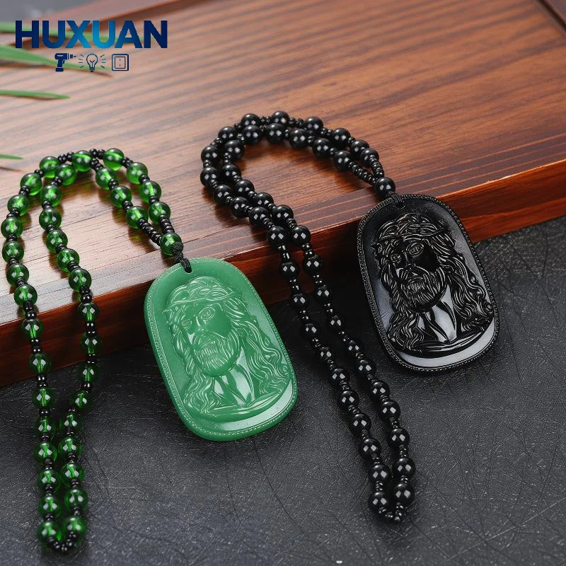 Classic Green Faux Jade Religious Statue  Necklace  Church Souvenir Daily Wear Prayer Ornament Gift