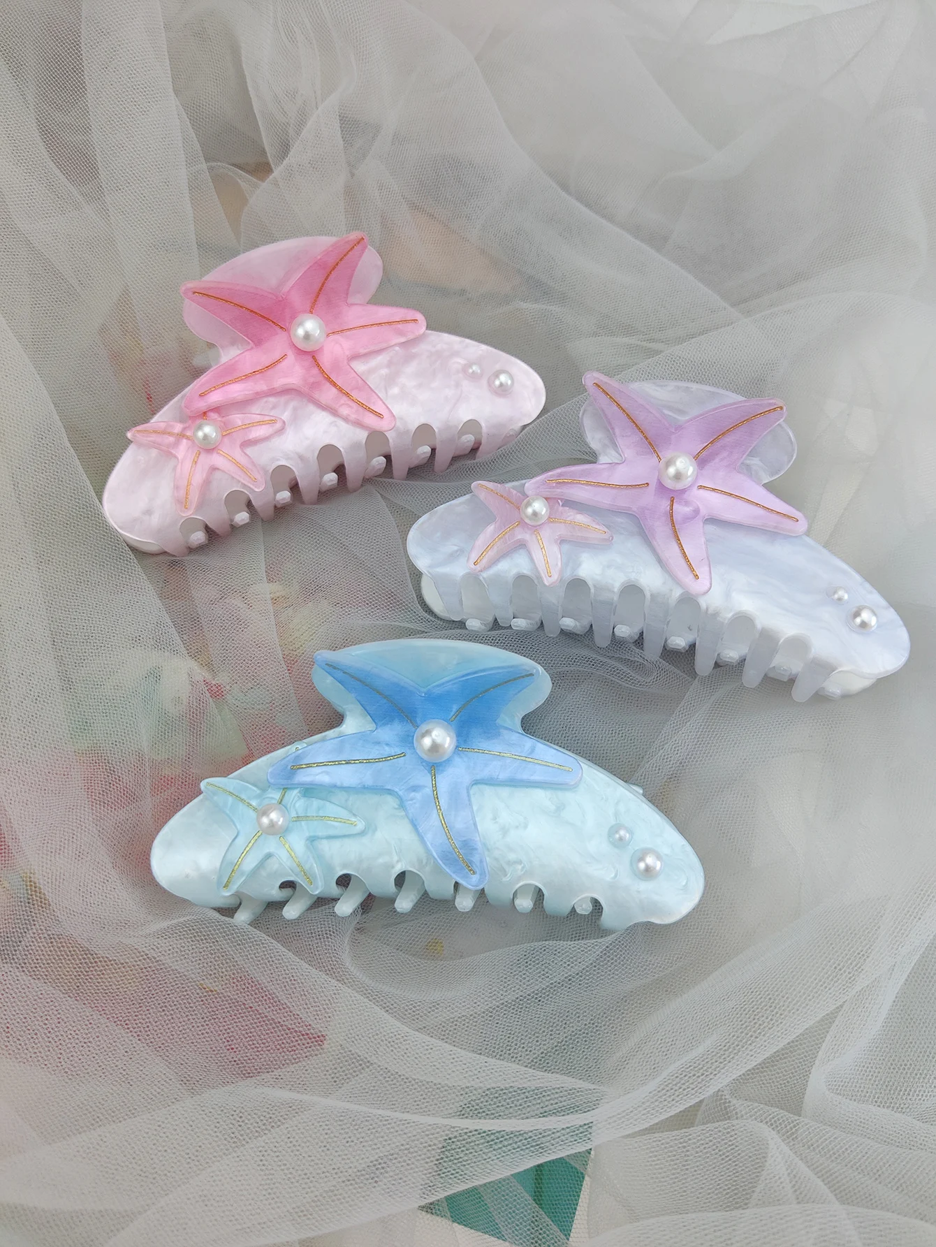 Colorful Large Starfish Hair Claw Clips Pearl Outdoor Beach Holiday Hair Claw Handmade