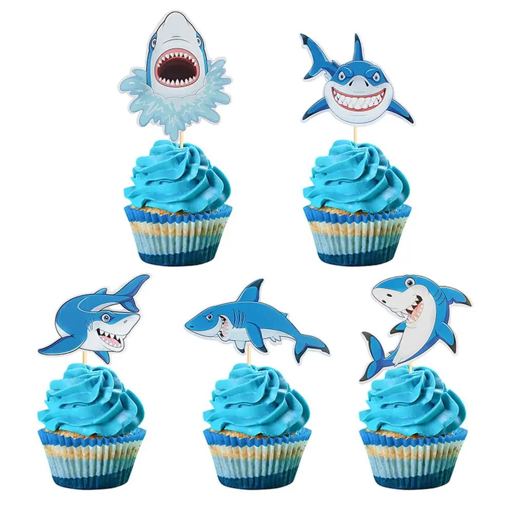 10pcs Cartoon Shark Cupcake Toppers Under The Sea Shark Baby shower Cake Decor Ocean One 1st Happy Birthday Party Decor Kids Boy