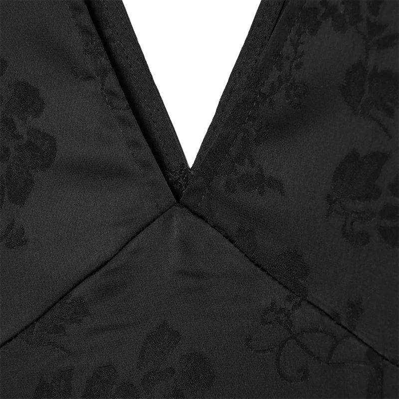 Abito lungo da donna in jacquard floreale nero: abito senza maniche con scollo a V profondo, abiti formali eleganti e da sera