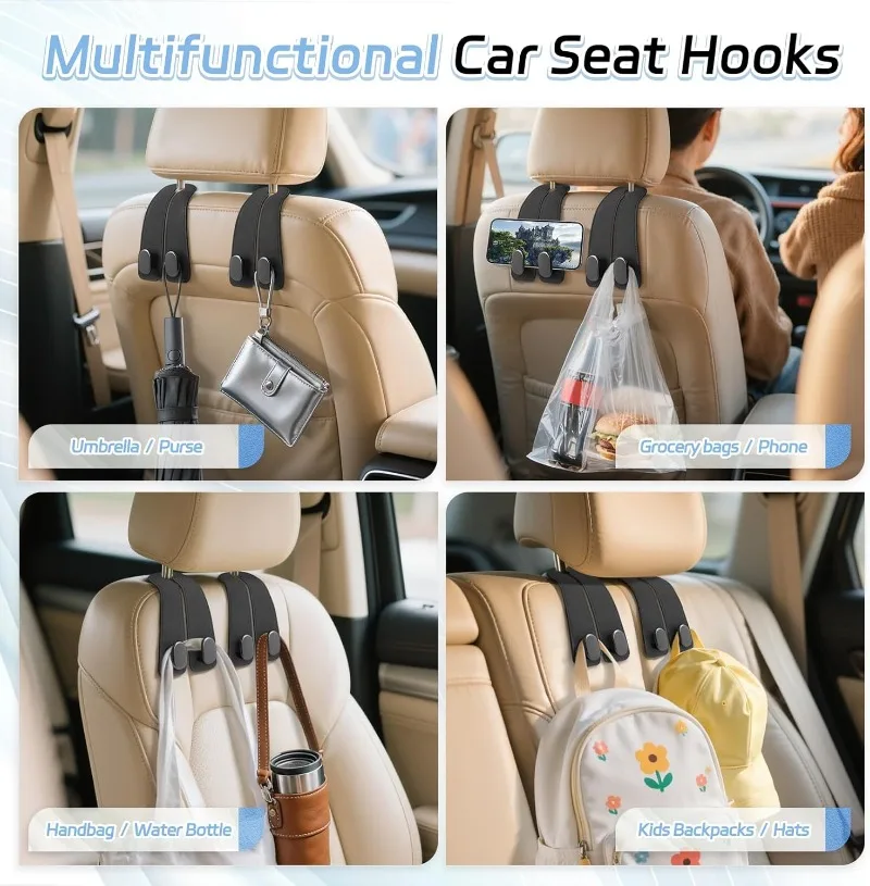 2-in-1 Auto-Kopfstützenhaken Universelle Doppelhaken-Aufhänger für Handtaschen, Lebensmittelflaschen, Auto-Innenraum-Organizer – Detail 8