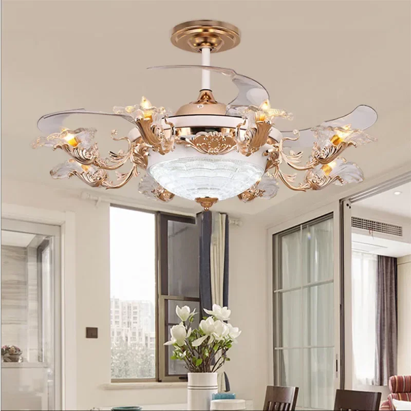 

Nordic living room ceiling fan light crystal ceiling light invisible fan intelligent voice atmospheric ceiling fan with light