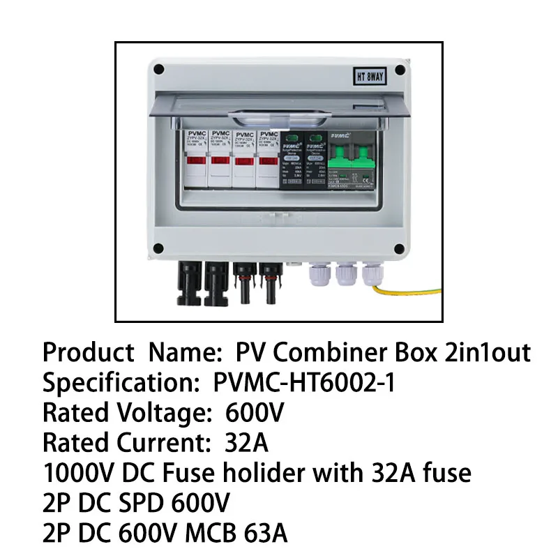 2 in 1 uit DC 600V zonne-fotovoltaïsche PV-combinatiebox met bliksembeveiliging 32A zekering MCB SPD waterdicht IP65 distributie