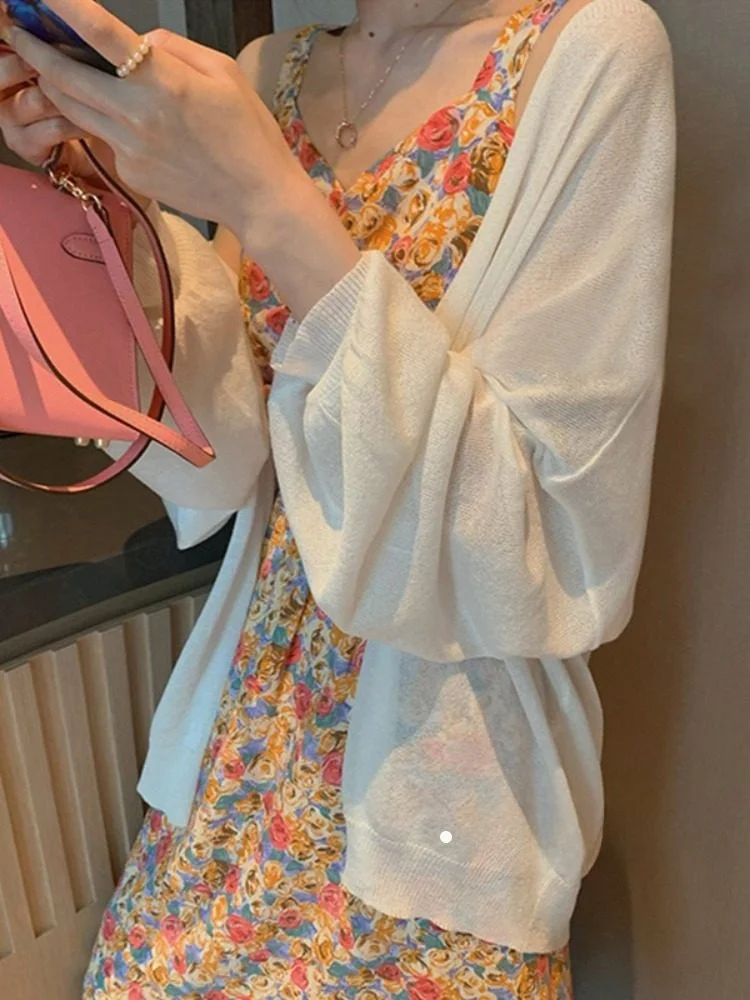 

Женский тонкий вязаный кардиган из ледяного шелка, повседневный, с V-образным вырезом, длинными рукавами, защита от УФ-излучения, можно носить поверх платья на бретельках