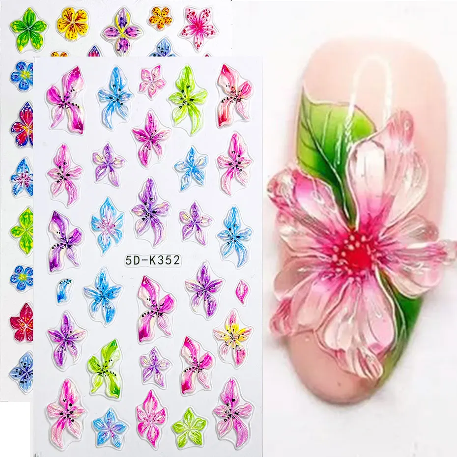 

5D Elegant Pink Lily Embossed Nail Art Sticker Spring Purple Floral Charms Decals Summer Kawaii Flower Self Adhesive Nail Slider