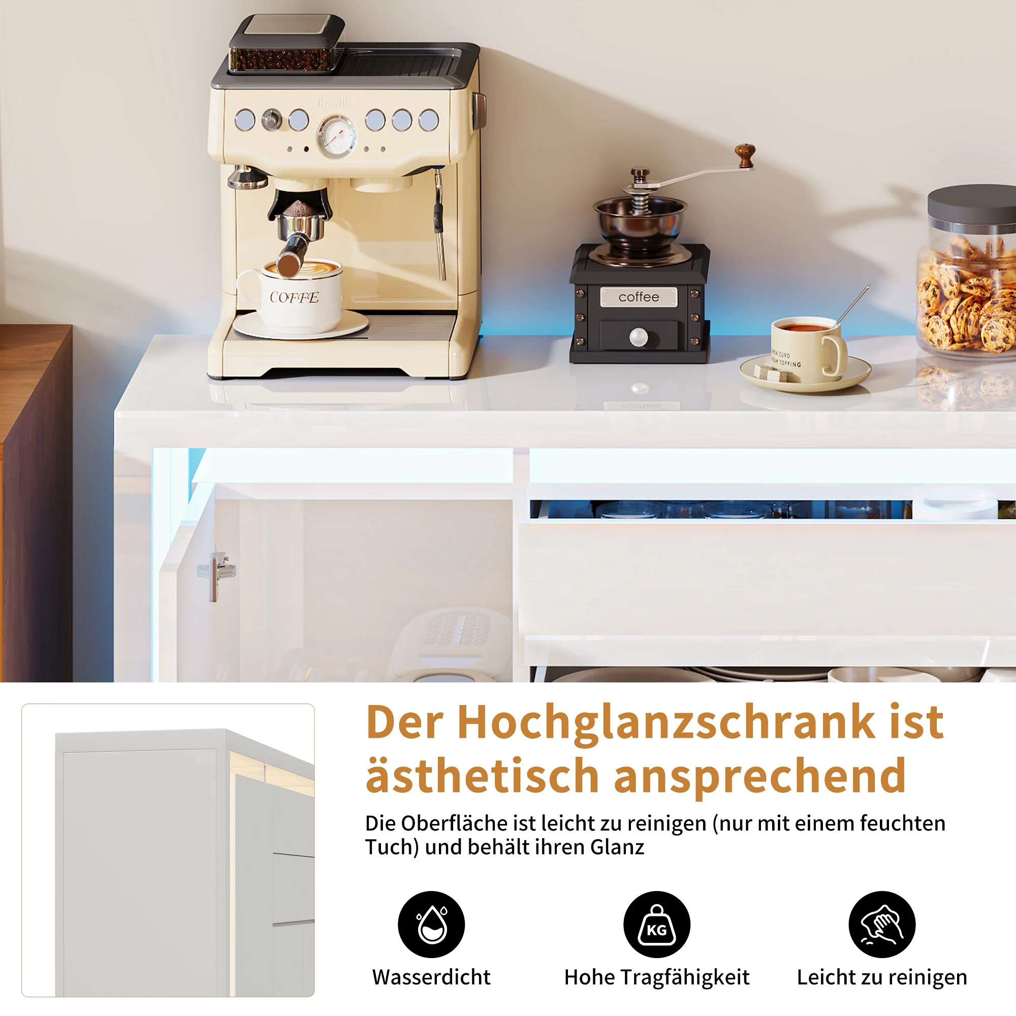 Rosahqnda Sideboard Hochglanzweiß mit LED, modernes Sideboard mit Tür und Schubladen, Buffetschrank, Kommode für die Küche – Detail 15