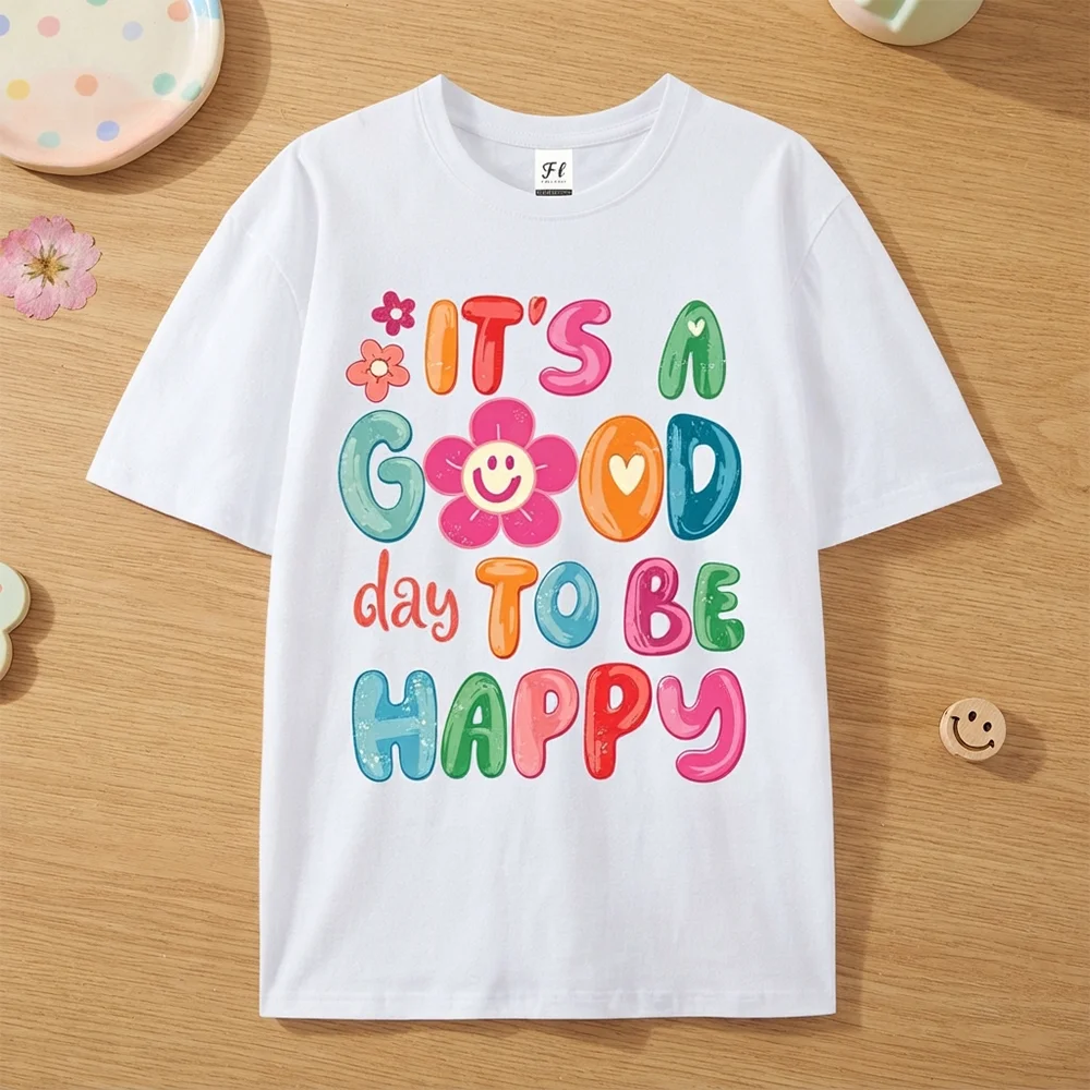 Womens Its A Good Day To Be Happy Graphic T Shirts Cute Flower Smile Print Casual Short Sleeve Crew Neck Summer Top