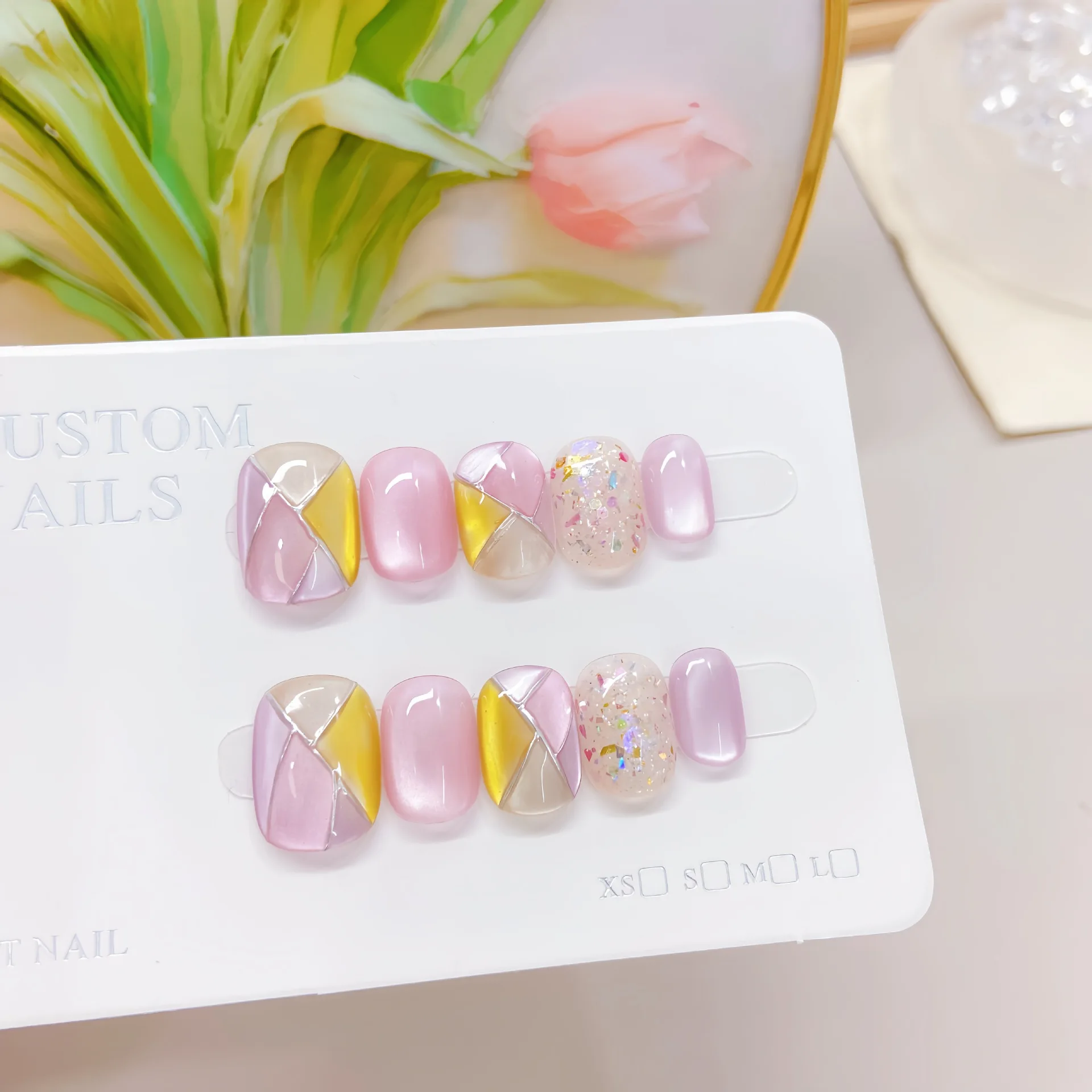 10 قطعة الصحافة اليدوية على الأظافر ضوء النجوم ظهرت الحلوى تحقق نمط القط العين أظافر صناعية للنساء والفتاة القابلة للإزالة يمكن ارتداؤها مسمار #3