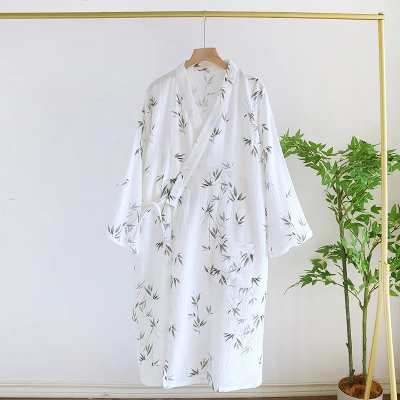 Spring Cotton Crepe Pajamas Double-layer Gauze Bathrobes for Women Bamboo Print Home Clothing Long Sleeve Japanese Kimono Robe