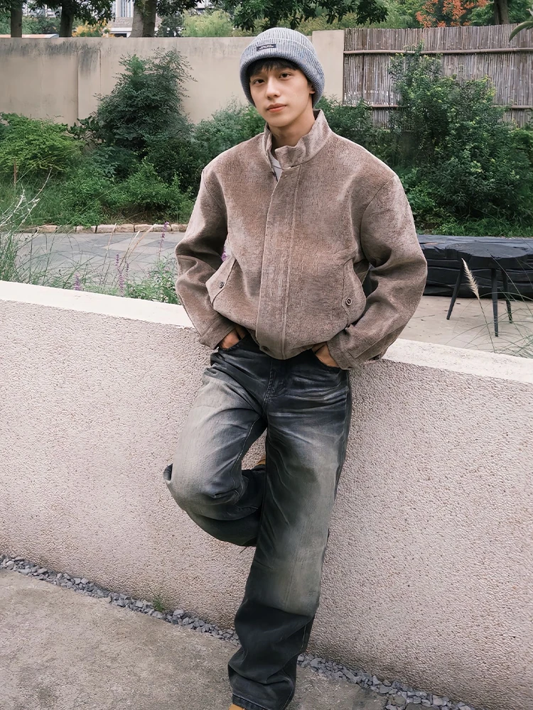 

ort Boxy Texture Sensation Jaet Men Autumn Spring Old Money Sle Stand Collar Haome oulder Harrington Jaet