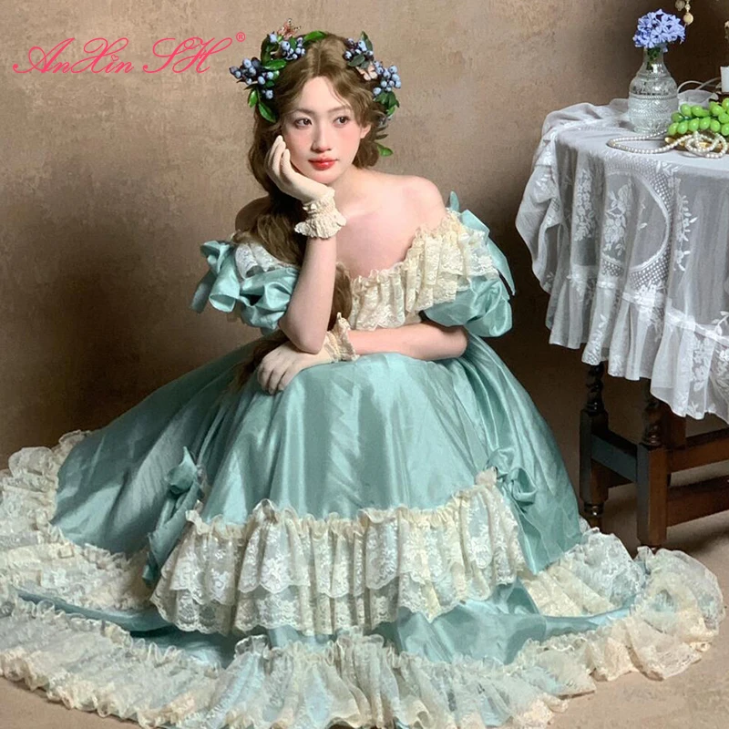 AnXin SH vintage Mint Green satin white flower lace boat neck beading big bow Antique princess lace up customized wedding dress