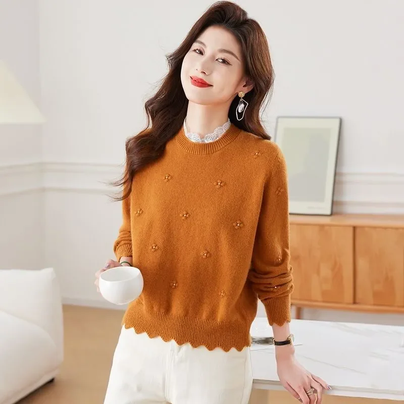 

Осень и зима 2024, новые топы с круглым вырезом, модные свободные топы с бисером, свитера