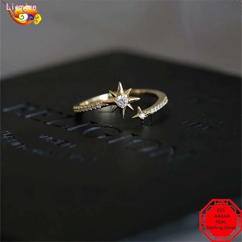 Liemjee Fashion Luxury Wedding Jewelry Real 925 Sterling Silver Inlaid Star Zircon Ring For Women Feature Charm Student  Gift