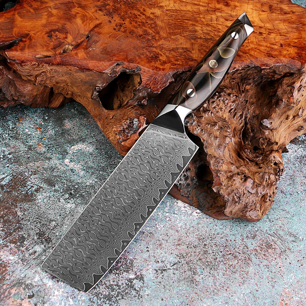 

Профессиональный 7-дюймовый нож Накири, японская дамасская сталь, острый азиатский кухонный нож для овощей, медная платиновая ручка из смолы