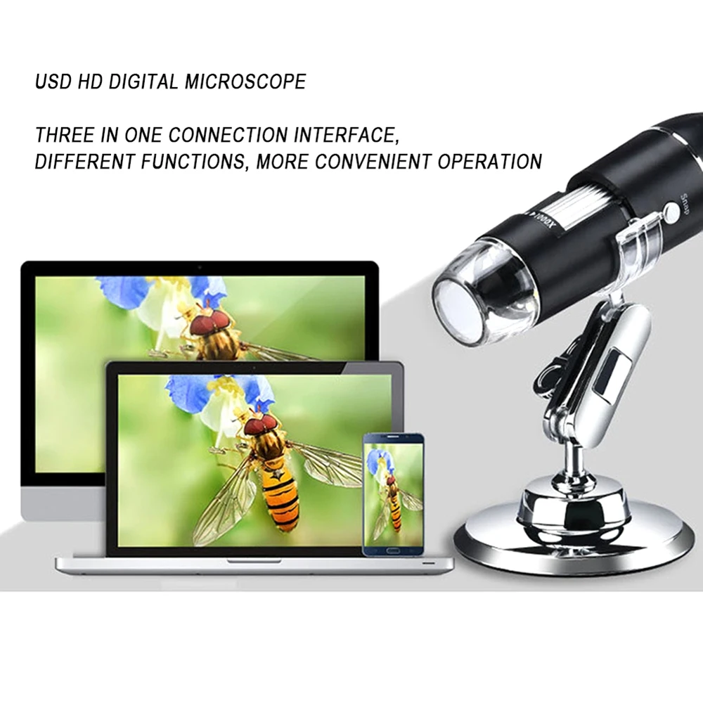 Microscopio Digital USB 3 en 1, cámara endoscópica, aumento ajustable con soporte para PC, 1600X