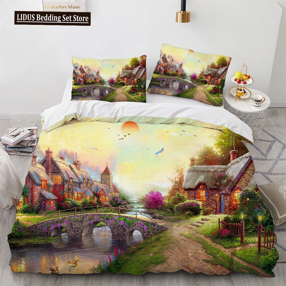 

Painting Duvet Cover Set Beautiful Landscape Sun Lake Bridge Polyester Comforter Cover For Kid Boy Girl Artist Bedding Set King