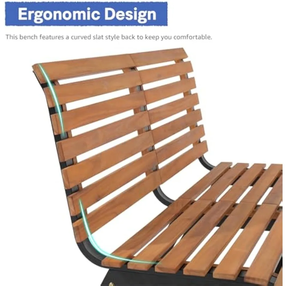 

"Acacia Wood Garden Bench - Steel Leg Patio Chair w/ Slatted Backrest"​