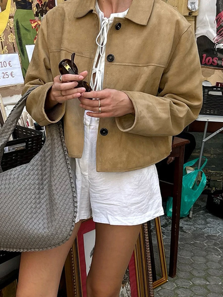 

Khaki Suede Short Jacket Coat Turndown Collar Single Breasted Long Sleeve Coat Autumn Vintage Fashion Simple Women's Jackets New