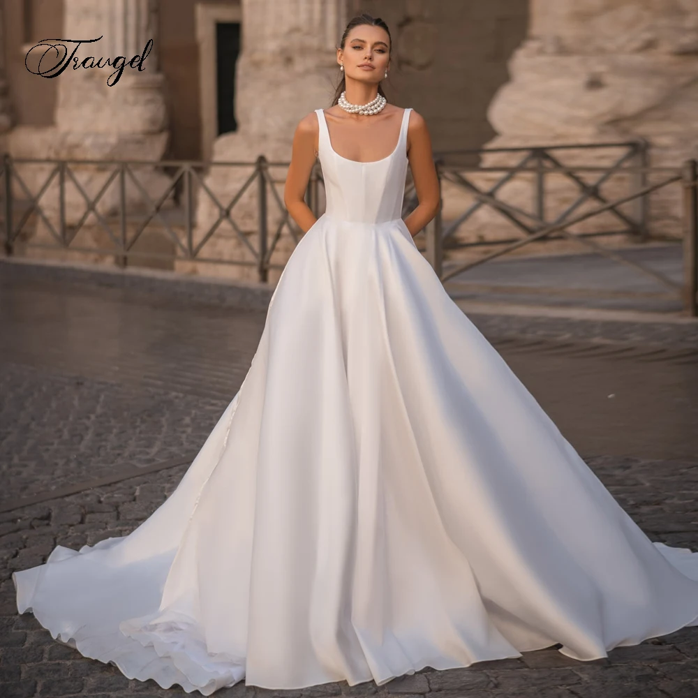 

Traugel Sexy Backless Scalloped Matte Satin A Line Wedding Dresses Exquisite Spaghetti Straps Court Train Vintage Bridal Gown