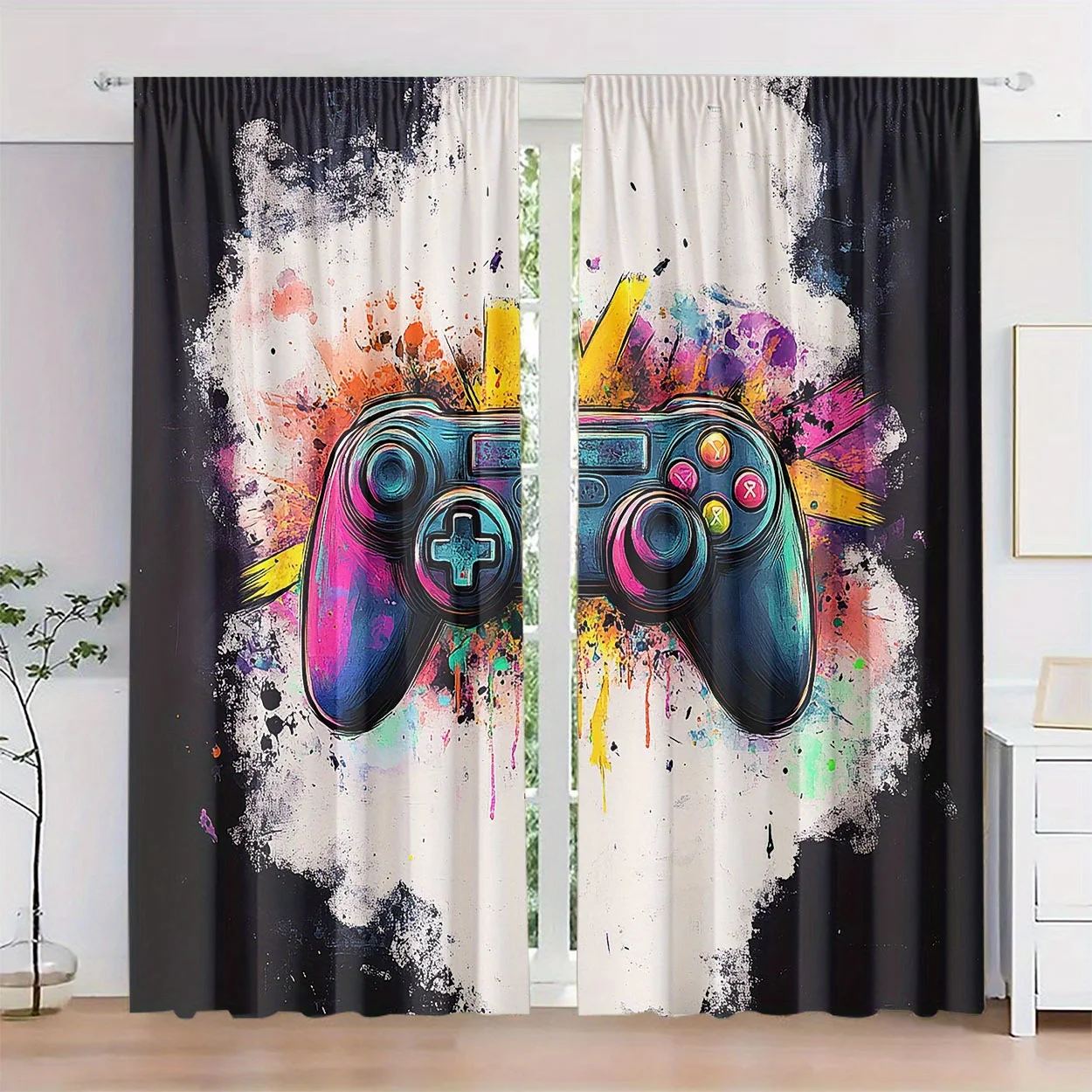 Game Controller Curtain, Colorful Graffiti Window Drape, Gaming Room Blackout Panel, Teen Bedroom Man Cave Decor