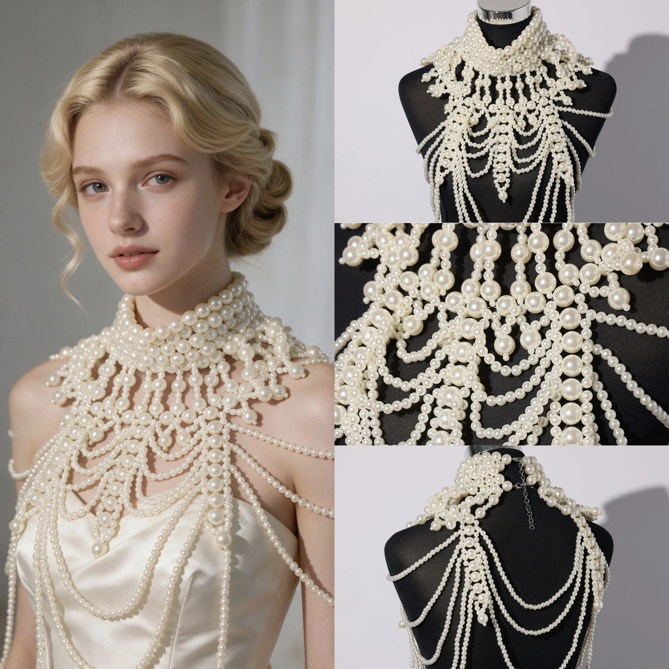 Women Oversized Pearl Body Harness Necklace,Layering Pearl Shoulder Chain for Bridal Prom Evening Party Cosplay Accessories