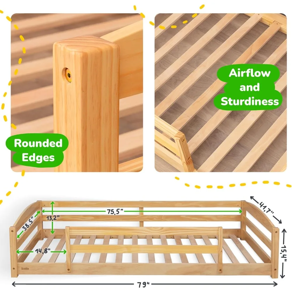 سرير مزدوج الطابق مع درابزين أمان للأطفال، مستوحى من مونتيسوري بقضبان وفتحتين، إطار سرير مزدوج الحجم لـ G #2