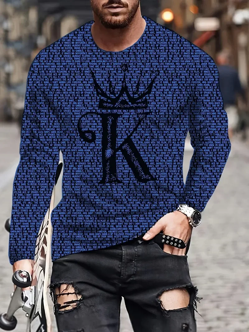 Cool Alphabet K Print Fashion Men's Long Sleeve T-shirt Men's Fashion O- Neck Tops Spring Fall Casual Long Sleeve  Tee Tops