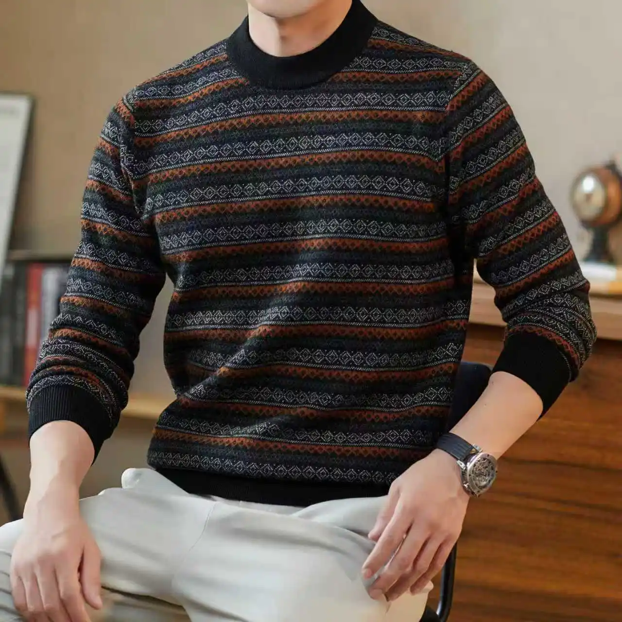 Джемпер высшего качества из 100% чистой кашемировой шерсти, 2025 г., мужской зимний модный толстый свитер в полоску с длинными рукавами, мужская теплая одежда из овечьей шерсти