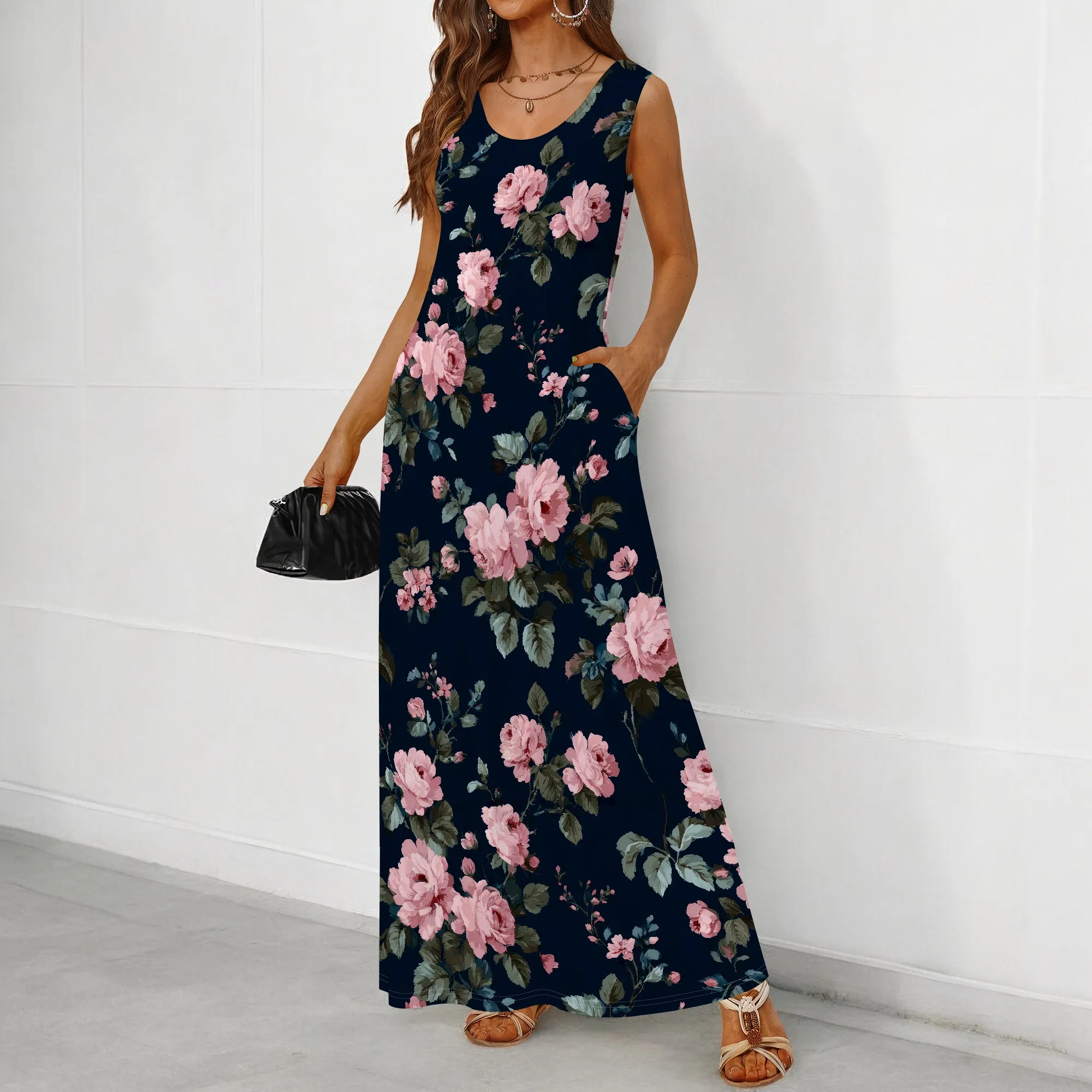 Vestido feminino de verão estilo 2025 - Tamanho grande, estampa floral estampada, vestido sem mangas, vestido longo casual e fluindo