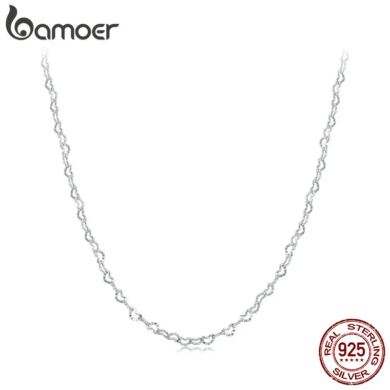 Bamoer Real 925 Sterling Silver Trendy Heart-Shaped Basic Chain Link Lobster Clasp Adjustable Necklace for Women